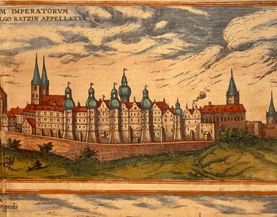 チェコ共和国、プラハ、宮殿の眺め、ゲオルク・ブラウン（1541-1622）とフランツ・ホーゲンベルク（1535-1590）による『Civitates Orbis Terrarum』のカラーエングレーヴィング。 作： Georg Braun and Hogenberg Franz