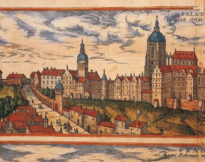 チェコ共和国、プラハ、城塞の眺め、ゲオルク・ブラウン（1541-1622）とフランツ・ホーゲンベルク（1535-1590）による『Civitates Orbis Terrarum』からのカラーエングレーヴィング。 作： Georg Braun and Hogenberg Franz