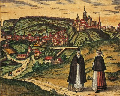 チェコ共和国、プラハ、城塞を背景にした都市の眺め、ゲオルク・ブラウン（1541-1622）とフランツ・ホーゲンベルク（1535-1590）による『Civitates Orbis Terrarum』のカラーエングレーヴィング。 作： Georg Braun and Hogenberg Franz
