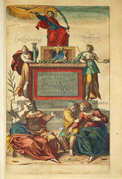 ゲオルグ・ブラウンの「Civitates Orbis Terrarum」から寓意的な人物を描いた第4巻の扉絵。 作： Georg Braun and Hogenberg Franz