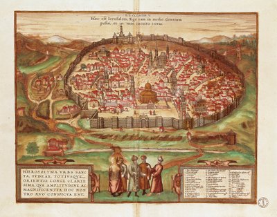 イスラエル・パレスチナ、エルサレムの街、ゲオルグ・ブラウンとフランツ・ホーゲンベルグ作、『Civitates Orbis Terrarum』より、カラー彫刻版 作： Georg Braun and Hogenberg Franz