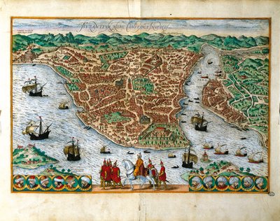 イタリア、ミラノ、ゲオルク・ブラウン(1541-1622)とフランツ・ホーゲンベルク(1535-1590)によるコンスタンティン・ポールの都市の透視図、カラーエングレーヴィング 作： Georg Braun and Hogenberg Franz