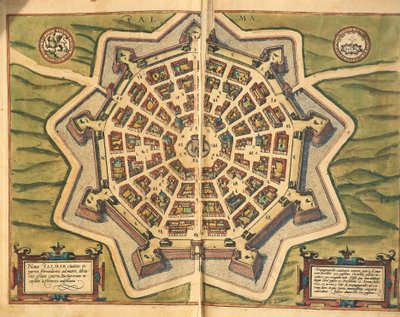 イタリア、パルマノヴァ、地図、ケルンで活躍したゲオルグ・ブラウンとフランツ・ホーゲンベルグの「Civitates Orbis Terrarum」からの刻印 作： Georg Braun and Hogenberg Franz