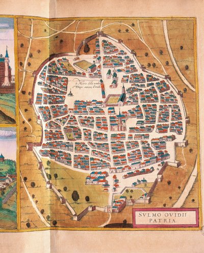 イタリア、スルモナ、ゲオルク・ブラウンとフランツ・ホーゲンベルグによる『Civitates Orbis Terrarum』からのスルモナの街、エングレーヴィング 作： Georg Braun and Hogenberg Franz