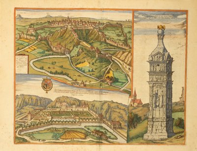 ゲオルグ・ブラウンの『Civitates Orbis Terrarum』より、ルクセンブルク市街、大公宮殿と石碑 作： Georg Braun and Hogenberg Franz