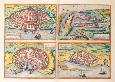 ゲオルグ・ブラウンの「Civitates Orbis Terrarum」より、カリアリ、マルタ、ロードス、ファマグスタの地図。 作： Georg Braun and Hogenberg Franz