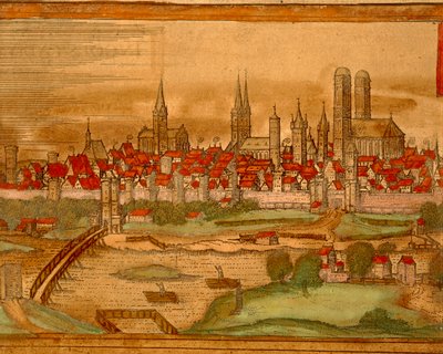 ゲオルク・ブラウンの「Civitates Orbis Terrarum」よりミュンヘン市の地図 作： Georg Braun and Hogenberg Franz