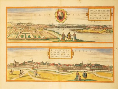 ドレスデンとライプツィヒの地図（ゲオルグ・ブラウン著『Civitates Orbis Terrarum』より 作： Georg Braun and Hogenberg Franz