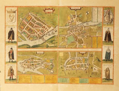 Georg BraunのCivitates Orbis Terrarumによるゴールウェイ、ダブリン、リムリック、コークの地図。 作： Georg Braun and Hogenberg Franz