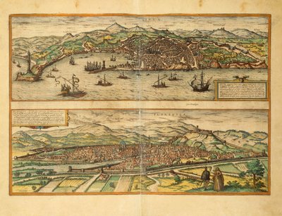 ゲオルグ・ブラウンの「Civitates Orbis Terrarum」よりジェノバとフィレンツェの地図 作： Georg Braun and Hogenberg Franz