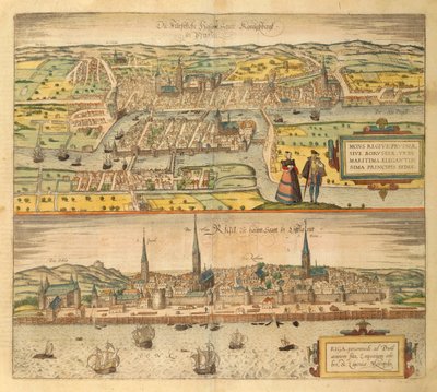 ゲオルグ・ブラウンの「Civitates Orbis Terrarum」からのKonigsbergとRigaの地図 作： Georg Braun and Hogenberg Franz