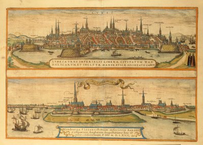 ゲオルグ・ブラウンの「Civitates Orbis Terrarum」よりリューベックとハンブルグの地図 作： Georg Braun and Hogenberg Franz