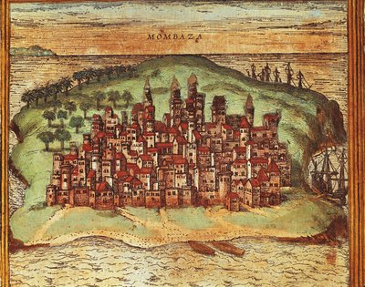 ゲオルグ・ブラウンとフランツ・ホーゲンベルグの『Civitates Orbis Terrarum』に掲載されたケニア・モンバサの地図、エングレーヴィング 作： Georg Braun and Hogenberg Franz