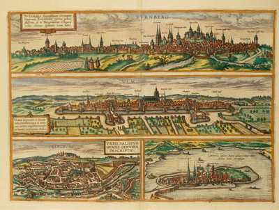 ゲオルグ・ブラウンの「Civitates Orbis Terrarum」からニュルンベルク、ウルム、ザルツブルグ、リンダウの地図。 作： Georg Braun and Hogenberg Franz