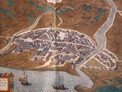 ゲオルク・ブラウンとフランツ・ホーゲンベルグによるリミニの地図、イタリアの『Civitates Orbis Terrarum』の彩色彫刻。 作： Georg Braun and Hogenberg Franz