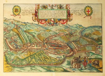 ゲオルグ・ブラウンの「Civitates Orbis Terrarum」に掲載されているピエモンテ州セラヴァッレ・スクリビアの地図。 作： Georg Braun and Hogenberg Franz