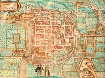 ゲオルク・ブラウンとフランツ・ホーゲンベルクによるTridentum（現在のトレント）の地図、イタリアのCivitates Orbis Terrarumからの彩色彫刻。 作： Georg Braun and Hogenberg Franz