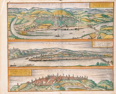 ゲオルグ・ブラウンの「Civitates Orbis Terrarum」より、トリーア、コブレンツ、ローテンブルク・オプ・デア・タウバーの地図。 作： Georg Braun and Hogenberg Franz