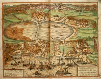 ゲオルク・ブラウンとフランツ・ホーゲンベルクの『Civitates Orbis Terrarum』からのチュニジア・チュニスの地図、エングレーヴィング 作： Georg Braun and Hogenberg Franz