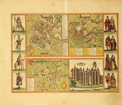 ゲオルグ・ブラウンの「Civitates Orbis Terrarum」より、ヨーク、シュルベリー、ランカスター、リッチモンド城の地図。 作： Georg Braun and Hogenberg Franz