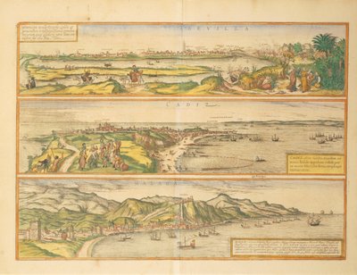 ゲオルグ・ブラウンの「Civitates Orbis Terrarum」より、スペインのセビリア、カディス、マラガの地図。 作： Georg Braun and Hogenberg Franz
