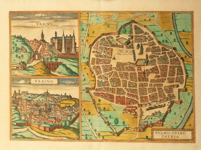 ゲオルグ・ブラウンの『Civitates Orbis Terrarum』から、イタリアのアブルッツォ州とマルケス州にあるウルビーノとスルモナの地図。 作： Georg Braun and Hogenberg Franz