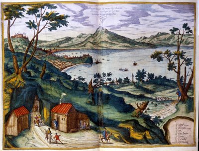ナポリ、ポシリペ、ヴェスヴィオ火山。Braun & Hogenberg, Amsterdam 1600. 作： Georg Braun and Hogenberg Franz