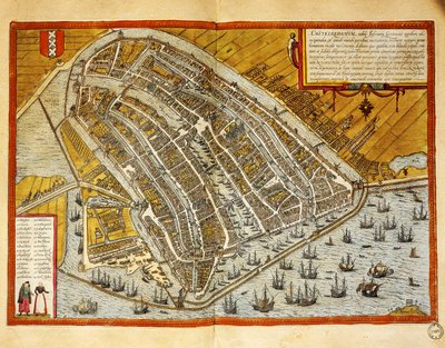 オランダ、ゲオルク・ブラウン（1541-1622）とフランツ・ホーゲンベルク（1535-1590）の『Civitates Orbis Terrarum』からアムステルダムの地図、エングレービング 作： Georg Braun and Hogenberg Franz