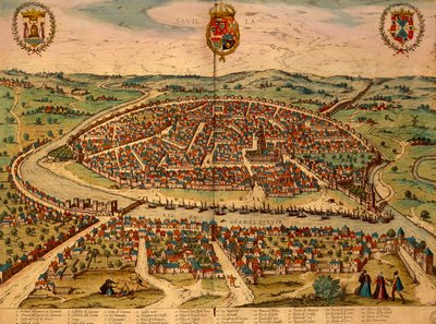 ゲオルク・ブラウン（1541-1622）とフランツ・ホーゲンベルク（1535-1590）による『Civitates Orbis Terrarum』からのカラーエングレーヴィング、スペイン、セヴィリア、都市の眺め 作： Georg Braun and Hogenberg Franz
