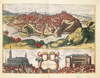 スペイン、トレド、ゲオルク・ブラウンとフランツ・ホーゲンベルクによる「Civitates Orbis Terrarum」よりトレドの街、エングレーヴィング 作： Georg Braun and Hogenberg Franz