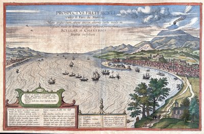 シチリア島とカラブリア島の間にあるメッシーナ島のデトロイト（イタリア）（エングレービング 作： Georg Braun and Hogenberg Franz