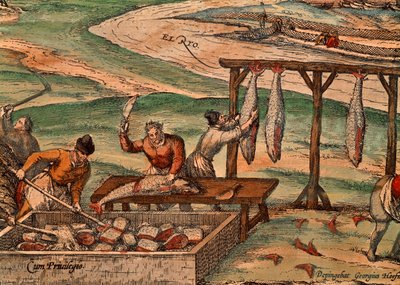 フランツ・ホーゲンベルグによるマグロの処理（1540年頃～1590年頃）、ゲオルク・ブラウン（1541～1622）とフランツ・ホーゲンベルグ（1540年頃～1590年頃）による「Civitates Orbis Terrarum」の一場面 作： Georg Braun and Hogenberg Franz