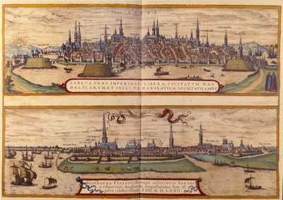 ドイツのリューベック市を上から、ハンブルグ市を下から見ています。1572年「ブラウンとホーゲンベルグ」のアトラスからの版画 作： Georg Braun and Hogenberg Franz