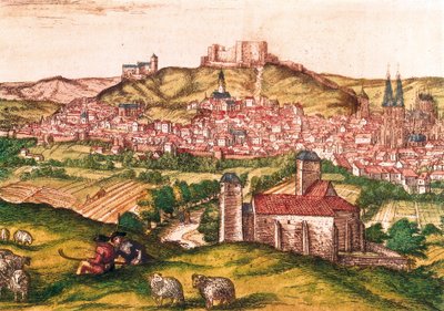 羊飼いと羊の群れを前景にしたスペイン・ブルゴスの街（1576年）。Civitatis Orbis Terrarum』に掲載された版画。 作： Georg Braun and Hogenberg Franz