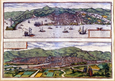 Genes（上）とFlorence（下）Braun & Hogenbergのアトラスの鳥瞰図。1550. 作： Georg Braun and Hogenberg Franz
