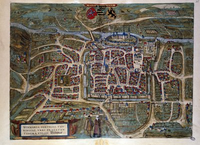 ドイツの都市ワイマールの地図。1572年「ブラウンとホーゲンベルグ」のアトラスからの版画 作： Georg Braun and Hogenberg Franz