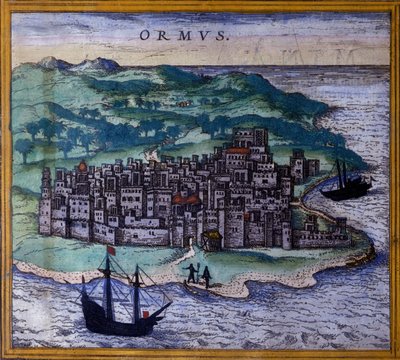 BraunとHogenbergのアトラス「Civitates Orbis Terrarum」によると、インド航路にあるイランのホルムズ島。 作： Georg Braun and Hogenberg Franz