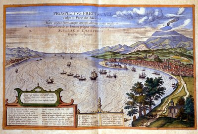 メッシーナ海峡-左はカラブリア州、右はメッシーナとエトナのシチリア島。アトラス・ド・ブラウンとホーゲンベルグ 作： Georg Braun and Hogenberg Franz