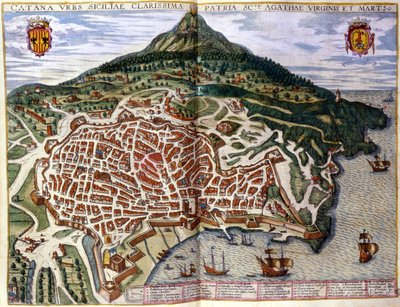シチリア島のカターニアとエトナの眺め。Braun & Hogenbergのアトラス。1585年、アムステルダム。 作： Georg Braun and Hogenberg Franz