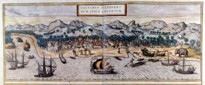 ブラウン＆ホーゲンバーグのアトラス「Civitates Orbis Terrarum」から見たインドのコジコデまたはカリカットの風景 作： Georg Braun and Hogenberg Franz