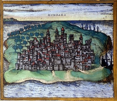 16世紀、BraunとHogenbergによるアトラス "Civitates Orbis Terrarum "の後、ポルトガル人に占領されたケニアのモンバサの風景。 作： Georg Braun and Hogenberg Franz