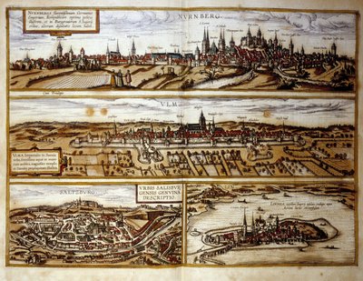 ドイツの都市ニュルンベルクとウルム、オーストリアのザルツブルグの眺め。1572年「ブラウンとホーゲンベルグ」のアトラスからのエングレーヴィング 作： Georg Braun and Hogenberg Franz