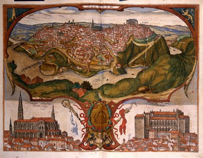 16世紀のトレドの街の風景。ジョージ・ブラウンの版画 フランツ・ホーゲンベルグ（1535-1590）著「シビタティス・オルビス・テラリウム」第1巻より 作： Georg Braun and Hogenberg Franz