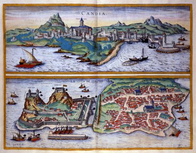 クレタ島のキャンディ港（現在のイラクリオン）とギリシャのコルフ港の眺め ジョージ・ブラウンの版画 フランツ・ホーゲンベルグ（1535-1590）が書いた「Civitatis Orbis Terrarum」第1巻に掲載されています。 作： Georg Braun and Hogenberg Franz