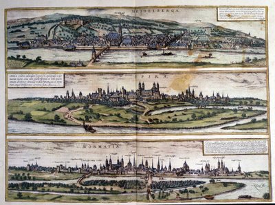 ドイツの3つの都市の風景：ハイデルベルグ、スパイア、ワームス。ブラウンとホーゲンベルグのアトラス。1550. 作： Georg Braun and Hogenberg Franz