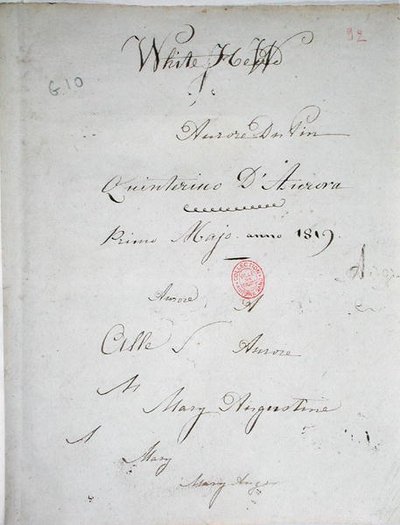 白いヒュー」オーロレ・デュパンのノート原稿のタイトルページ、サイン入り、1819年5月（紙にペン＆インク） 作： George Sand