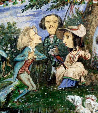 ジョルジュ・サンド（Aurore Dupin, Baronne Dudevant）（1804-1876）とオーギュスト・シャルパンティエ（1815-1880）がグワッシュで描いた風刺画の扇子：文豪ジョルジュ・サンドが、ウジェーヌ・ドラクロワ（中央）とフランツ・リストに囲まれている様子を描いた細部。19世紀 作： George Sand