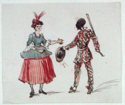 コメディア・デラルテ」の2人のキャラクター（紙にペン＆インク、水彩） 作： George Sand