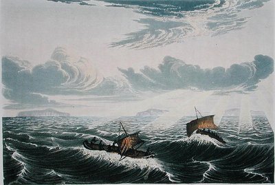 1821年8月23日、日の出時の強風の中、ブローチングするカヌー（Sir John Franklin (1786-1847)の「Narrative of a Journey to the Shores of the Polar Sea in the Years 1819-22」より、Edward Finden (1791-1857)が1823-28年に出版したカラーエングレービング。） 作： George (after) Back