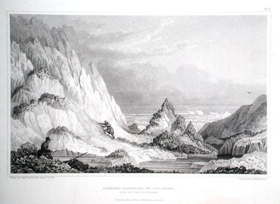 サー・ジョン・フランクリン（1786-1847）の「Narrative of a Journey to the Shores of the Polar Sea in the Years 1819-22」より、氷の岩礁に付着した氷山と海側の風景（エドワード・フィンデン（1791-1857）が1823-28年に出版したエングレービング） 作： George (after) Back